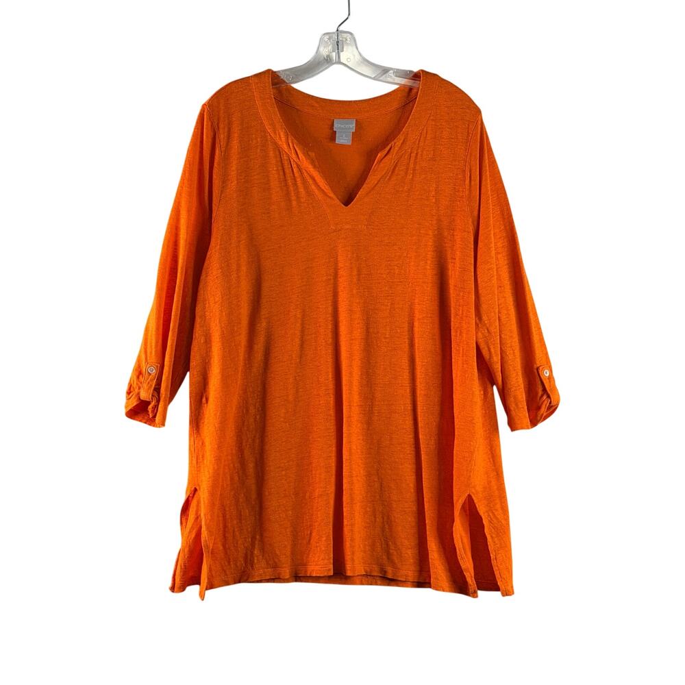 Chico's 3/4 Sleeve V Neck Side Vent Linen Pulover Tunic Top Stretch Orange 2 L
